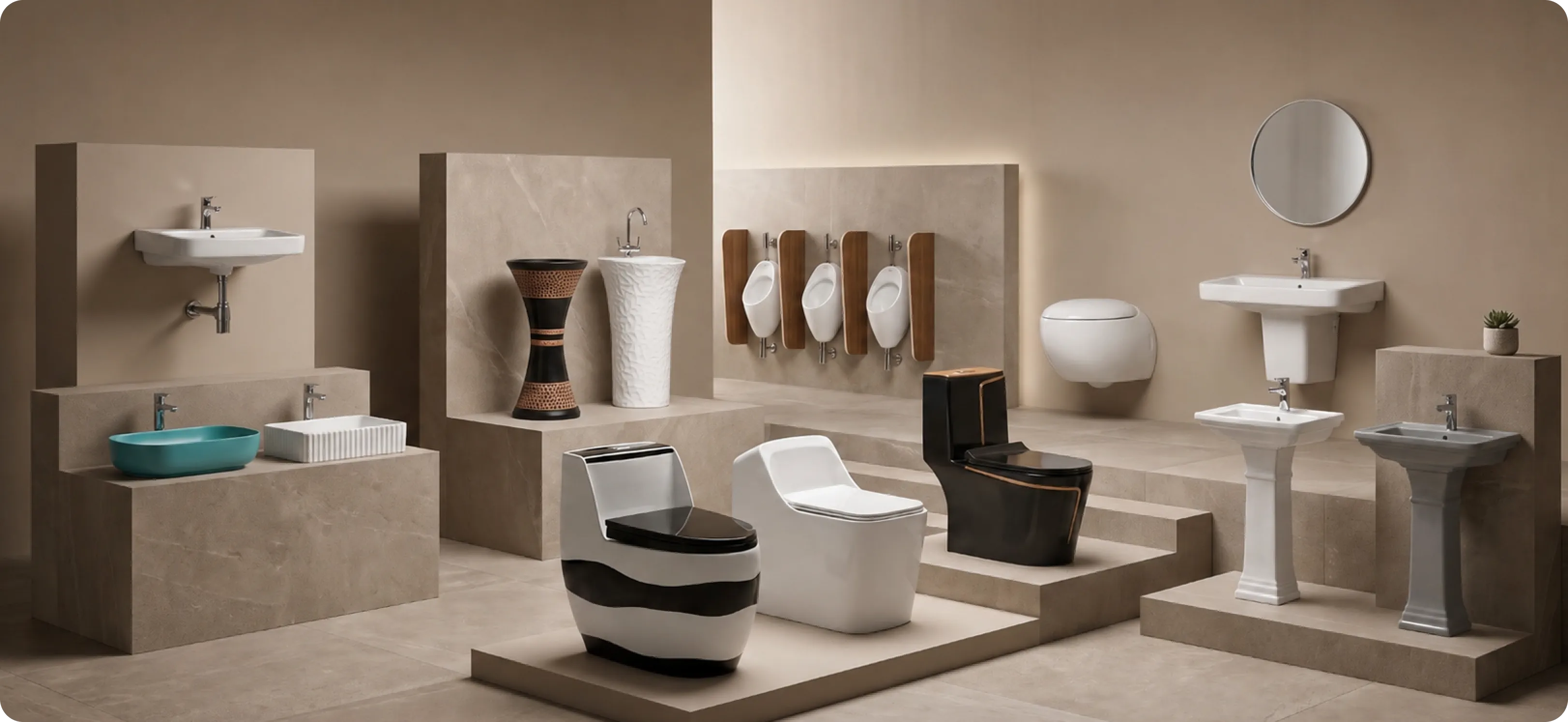 Showroom display of premium sanitaryware: sinks, toilets, and basins